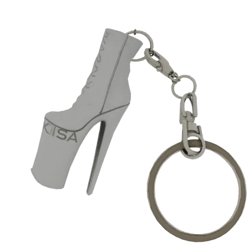 3D model of a silver platform boot keychain charm with a high heel and 'KISA' logo, attached to a keyring.