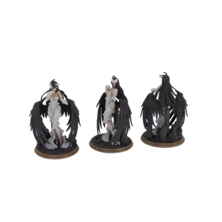 Modèle 3D d'Albedo en figure angélique avec une robe blanche fluide et de grandes ailes noires, montré sous plusieurs angles