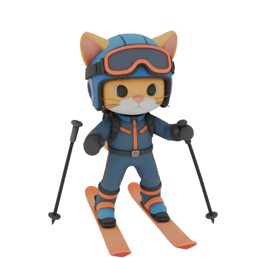 3D model of a skier cat in a blue helmet, ski suit, with ski poles and orange skis