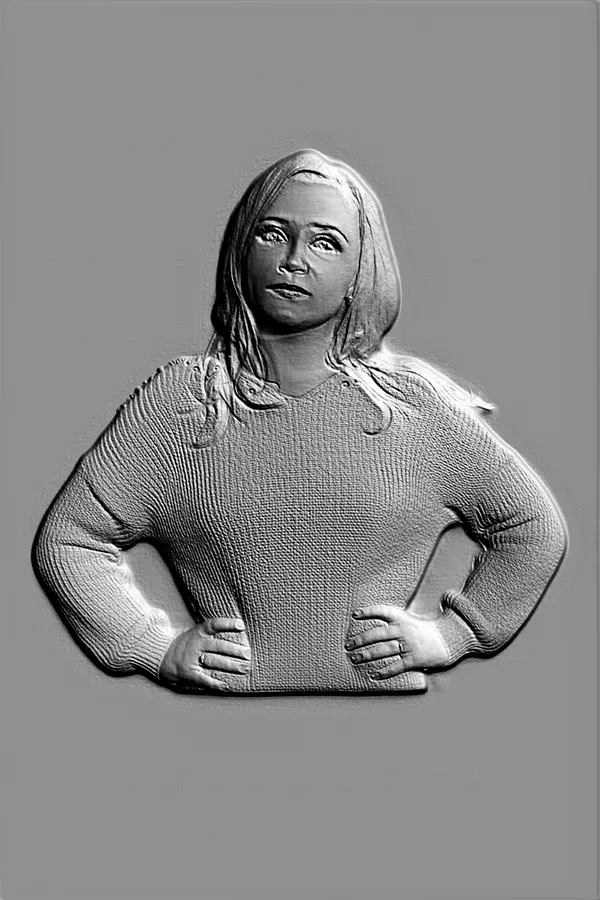 3D model of a woman in a sweater bas-relief, designed as a medallion