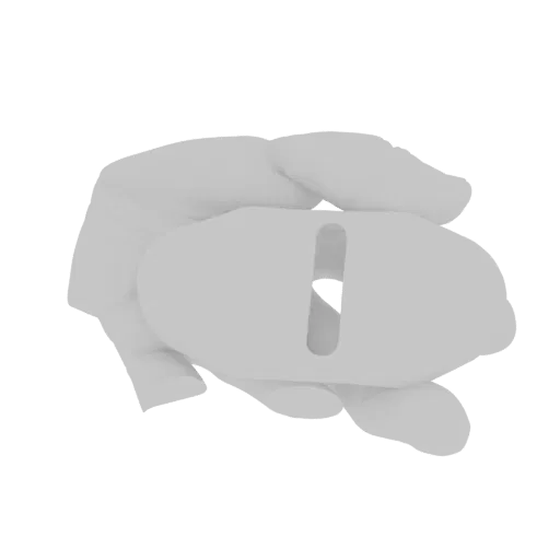 Un rendering 3D di una mano stilizzata grigio chiaro che tiene una tsuba di katana (guardamano) con una fessura verticale.