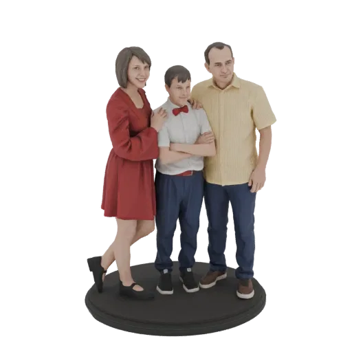 3D-Modell einer lächelnden Mutter im roten Kleid, Vater im gelben Hemd und Sohn mit roter Fliege, stehen zusammen auf schwarz