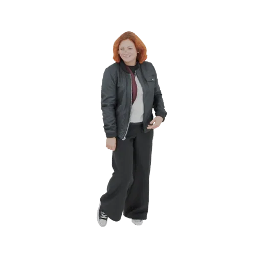 3D model of a young woman with auburn hair, wearing a black bomber jacket and wide-leg pants, standing in a casual pose.