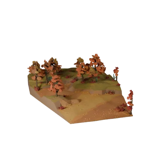 Autumn Woodland Biome High Poly 3D model, close-up cinematic environment render, showing terrain layers, terrain detail.
