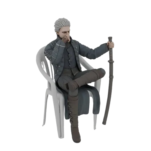 3D model of Vergil from Devil May Cry, sitting on a white chair with his sword Yamato, looking thoughtful.