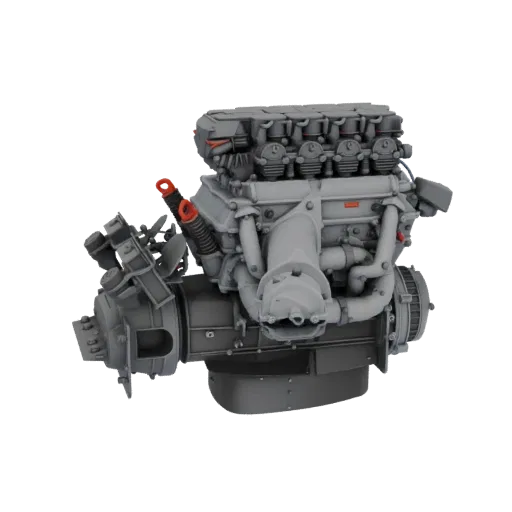 3D model of V12 twin-turbo engine, like an F1 car's, in gray, on a black background