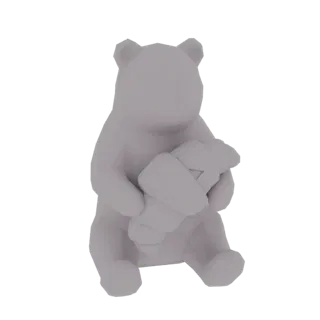 Una representación 3D de un oso estilizado gris claro sentado y sosteniendo un cruasán con ambas patas.