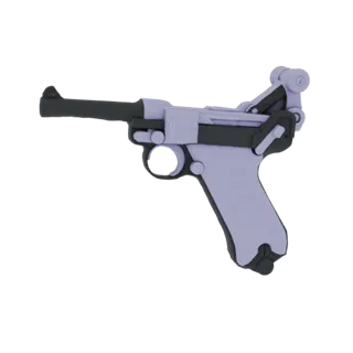 A 3D render of a light purple Luger P08 pistol with dark gray accents, shown from a side profile against a black background.