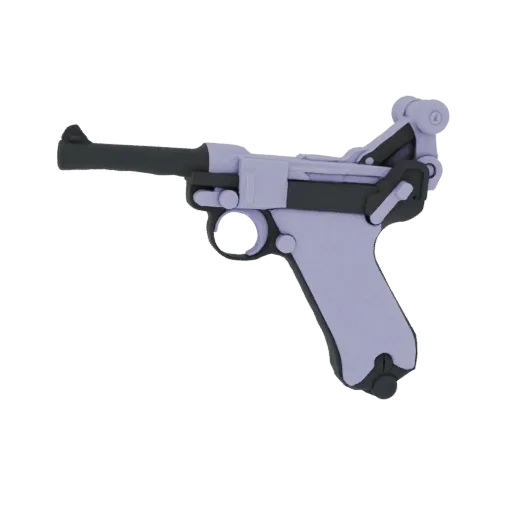 Ein 3D-Render einer hellvioletten Luger P08 Pistole mit dunkelgrauen Akzenten, von der Seite vor schwarzem Hintergrund.
