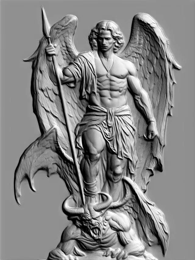 3D model of Archangel Michael bas-relief, standing on a defeated serpent, with detailed wings and spear.
