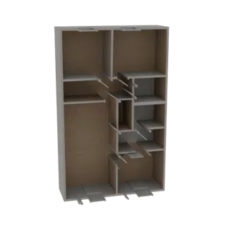 Modello 3D di un sistema armadio modulare moderno con interno in legno chiaro, esterno bianco, più mensole e barre appendiabi