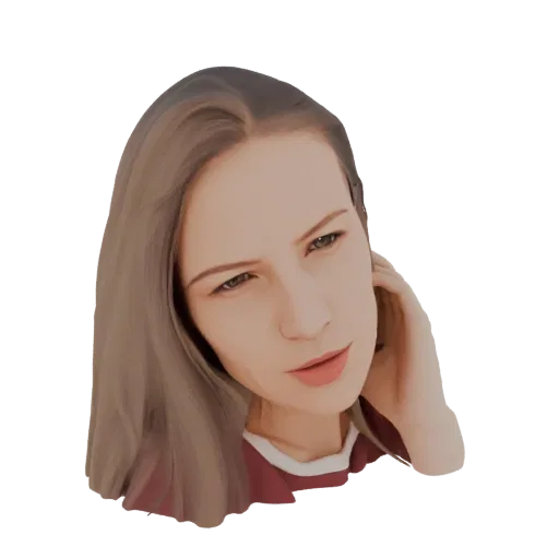 3D model of a young woman with blonde hair, wearing a red shirt, with a hand near her ear and a thoughtful expression.