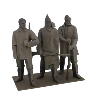 Modello 3D di un monumento con tre soldati stilizzati in uniforme, in piedi stoicamente con fucili, su una base rettangolare.