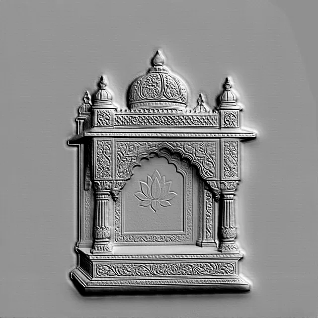 3D model of a bas-relief featuring a lotus flower in Indian style, with columns and ornaments