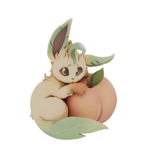 3D model of Leafeon hugging a peach, with green leaf accents and brown eyes.