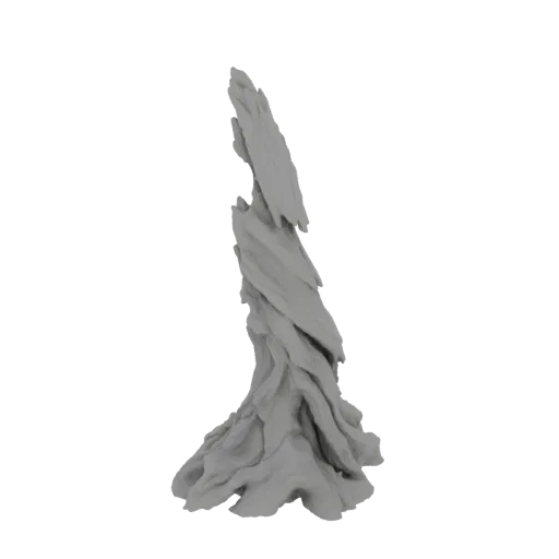 Uma renderização 3D detalhada de um pináculo rochoso dentado e desgastado com base alargada e picos afiados e quebrados sobre