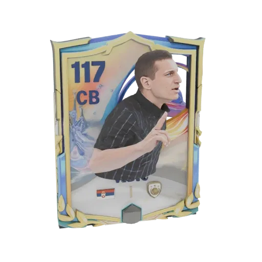 3D model of Serbian footballer CB 117 in a collectible card frame, rendered with a dynamic pose and vibrant background.