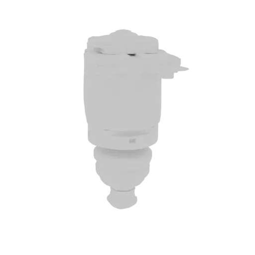 3D model of a white fuel injector nozzle, showcasing its intricate mechanical details.
