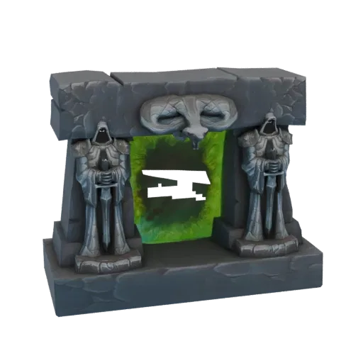 3D model of a dark fantasy portal entrance with stone statues and a glowing green portal.
