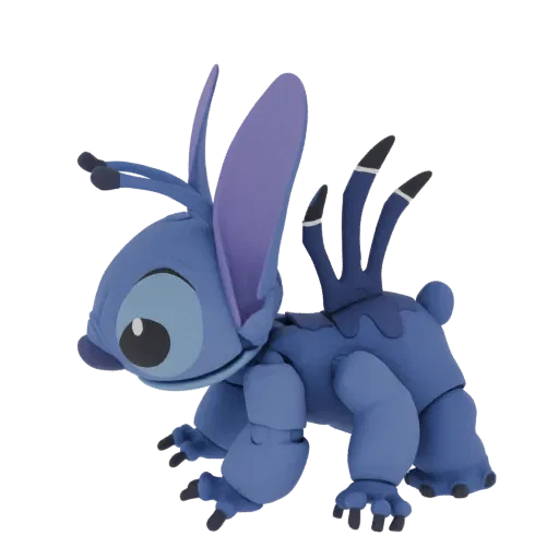A 3D model of a blue, four-legged creature inspired by Stitch, with large ears and black-tipped spikes on its back, shown fro