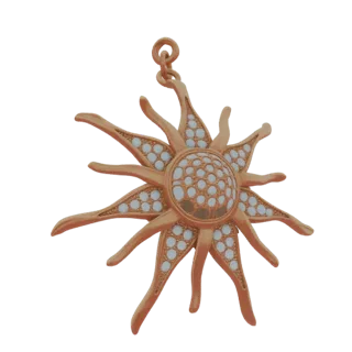 3D model of a golden sunburst pendant with numerous rays, each adorned with small white gemstones, and a loop for hanging.