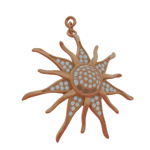 3D model of a golden sunburst pendant with numerous rays, each adorned with small white gemstones, and a loop for hanging.