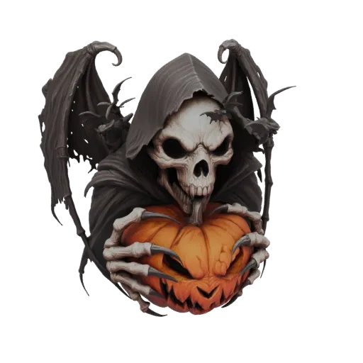 3D model of a skeletal Grim Reaper in a dark cloak, holding a carved jack-o'-lantern with a menacing expression.
