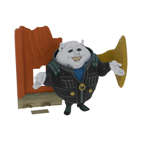 3D model of a plump, white pig character wearing a black conductor's jacket and a golden horn-like accessory, standing in fro