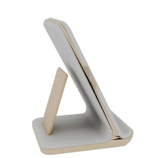 Side view of a minimalist tablet stand with a white body and a thin gold trim, resting on a black background.