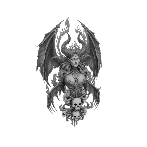 3D model render of a Demonic Queen with large wings, detailed horns, and skulls integrated into her lower body, presented on