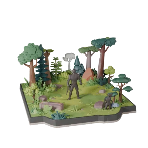 Stilisierte Wald-Display-Diorama 3D-Modellvorschau, die überlagerte Teile, eine Drei-Viertel-Spielansicht, Tiefe und Anzeiges