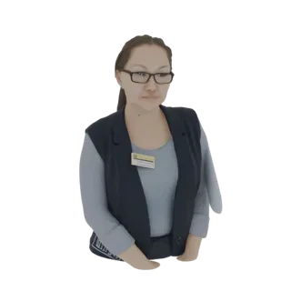 3D model of a woman wearing a blue shirt, dark vest, and an ID badge, with glasses and hair pulled back.