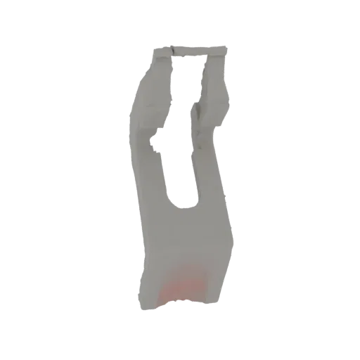 A 3D render of an abstract geometric sculpture with sharp angles and a base featuring a red-to-gray gradient.