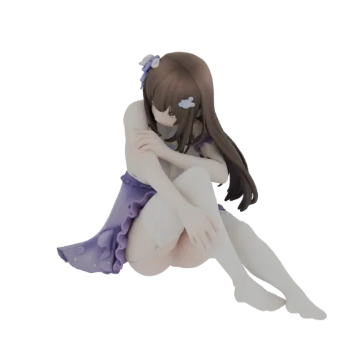 3D model of a seated anime girl with brown hair, wearing a short purple dress and white stockings, with a contemplative expre