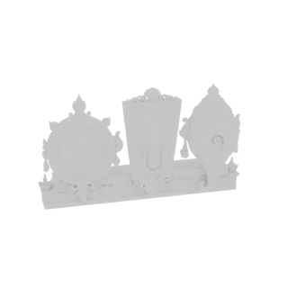 3D model of a white decorative set featuring the Dharma Chakra, Tilak, and Shankh on an ornate base, isolated on a white back