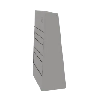 Modello 3D di un espositore per riviste moderno, grigio e trapezoidale con ripiani angolati su sfondo bianco.