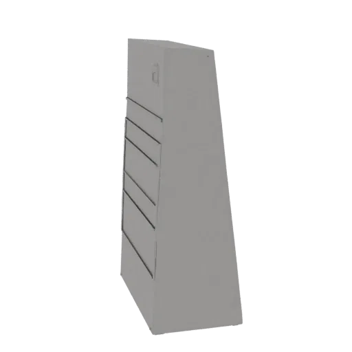 Modelo 3D de un revistero moderno, gris y trapezoidal con estantes angulados sobre un fondo blanco.
