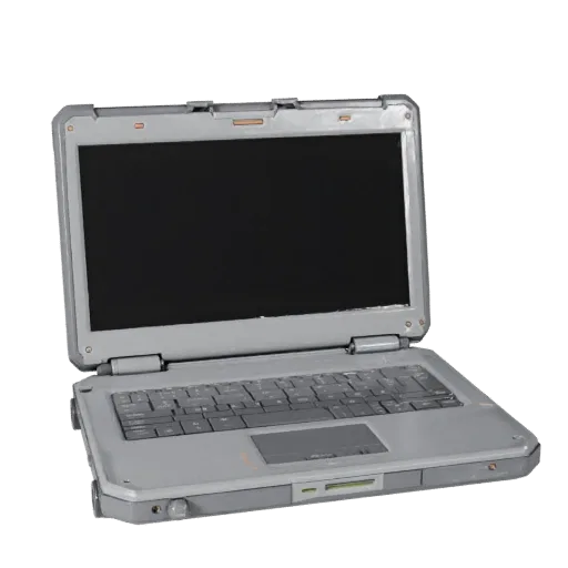 Rugged Laptop Stylized 3D model, stylized isometric render, showing brushed metal, open lid angle.