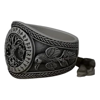 3D model of a silver Viking ring featuring the Tree of Life, two ravens, and runic inscriptions around the band.