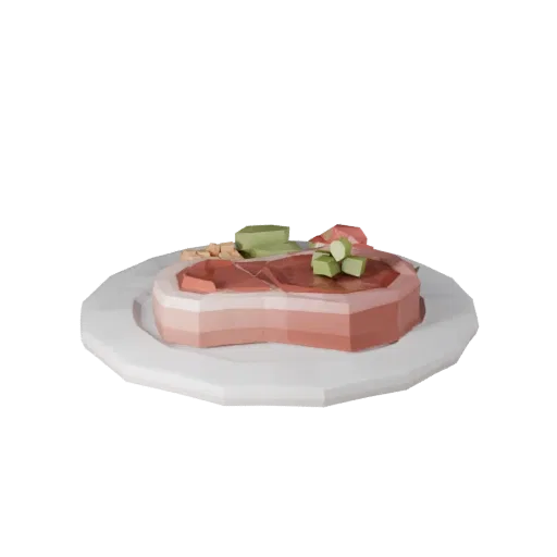 Steak Low Poly 3D model, game viewport three-quarter view, showing sauces, plated composition.