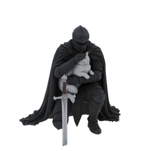 3D model of a knight in dark armor kneeling and gently holding a white cat, with a sword beside them.