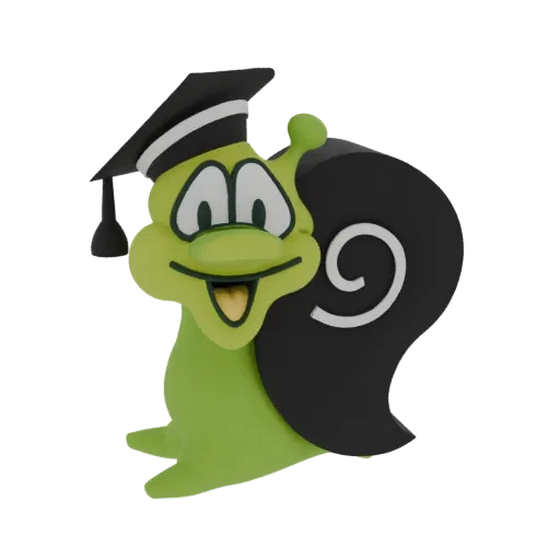 3D model of a smiling green snail wearing a black graduation cap with a tassel, holding a black shell with a white swirl.