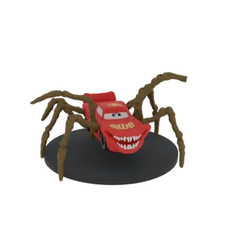 3D model of Lightning McQueen from Cars with spider legs and a menacing grin, on a black base.