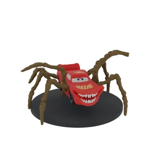3D model of Lightning McQueen from Cars with spider legs and a menacing grin, on a black base.