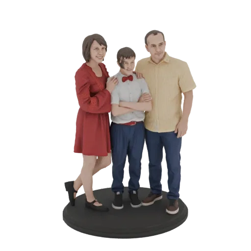 3D model of a family of three, including a mother in a red dress, a son with a red bowtie, and a father in a yellow shirt, st