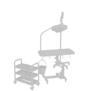 3D model of a veterinary examination table with a wheeled trolley and a surgical light overhead, rendered in a light gray mat