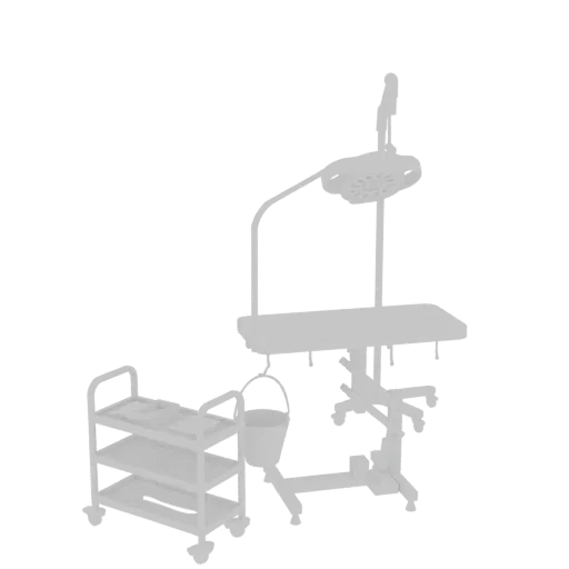 3D model of a veterinary examination table with a wheeled trolley and a surgical light overhead, rendered in a light gray mat
