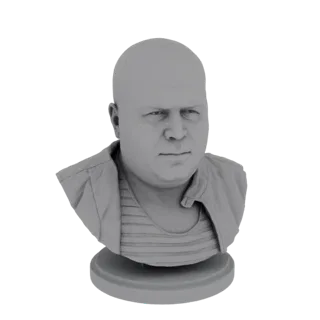 Render de modelo 3D de busto de homem careca vestindo jaqueta e camisa listrada, em uma base circular.