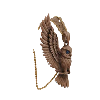 Modelo 3D de colgante de búho de madera con alas extendidas y ojos de gema azul, unido a una cadena decorativa.