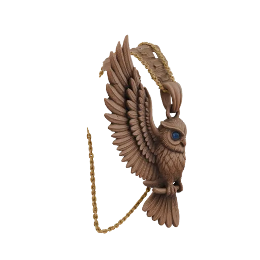 3D model of a wooden owl pendant with spread wings and blue gemstone eyes, attached to a decorative chain.